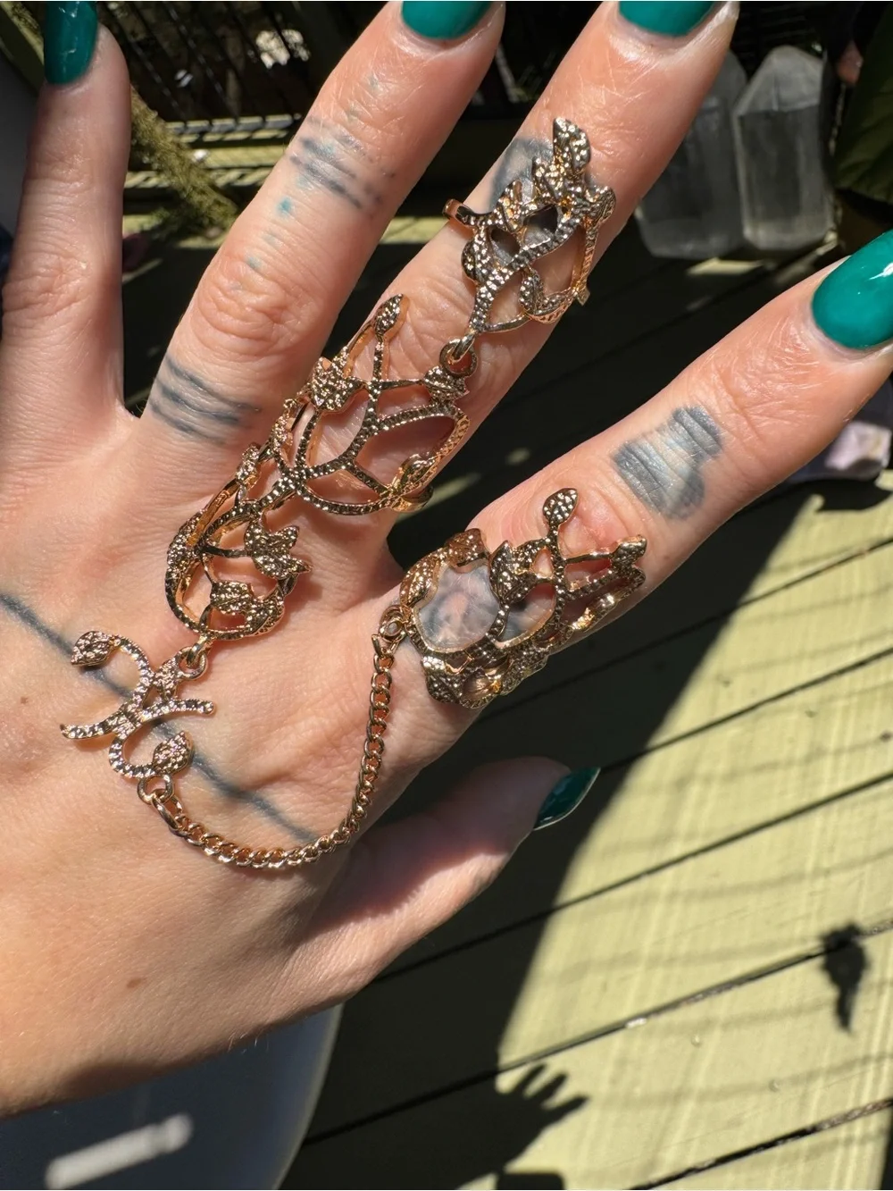 Gold Leaf Hand Chain Double Ring